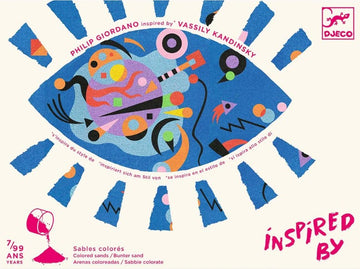 The DJECO Abstract Colored Sands DIY kit features vibrant, abstract designs inspired by the artwork of Wassily Kandinsky. The packaging showcases colorful patterns and artistic elements, making it attractive for creative projects. Ideal for art lovers, this kit allows users to explore their creativity through sand art and construction.