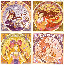 A vibrant set of four divine glitter boards featuring intricate illustrations of women interacting with nature and animals. Each board showcases enchanting scenes, including a woman with an owl, a girl embracing a fox, a figure adorned with flowers and dragonflies, and another with a serene expression surrounded by blossoms, all rendered in rich colors and whimsical designs, perfect for DIY artistic expression.