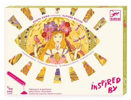 The Divine Glitter Boards by DJECO is a vibrant DIY kit featuring intricate illustrations inspired by Alfon's Mucha. The packaging showcases a whimsical design of a girl surrounded by flowers and butterflies, inviting creativity and artistic expression using glitter. Ideal for children aged 7 and up, this kit enhances fine motor skills and artistic abilities.