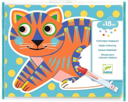 A colorful DIY kit titled 'Paint with Water Animals' by DJECO. The kit features a playful cat design in vibrant colors, accompanied by a red marker for magical coloring. The background has light blue with polka dots, and is suitable for children aged 18 months and up.