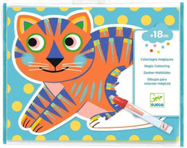 A colorful DIY kit titled 'Paint with Water Animals' by DJECO. The kit features a playful cat design in vibrant colors, accompanied by a red marker for magical coloring. The background has light blue with polka dots, and is suitable for children aged 18 months and up.
