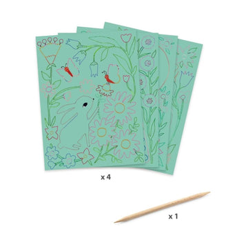 Encounters Scratch Cards by DJECO feature four colorful illustrated cards showcasing whimsical designs of flowers, butterflies, and a rabbit. Included is a wooden scratch tool for revealing hidden colors under the surface, perfect for kids' creative play.