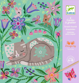 The Encounters Scratch Cards by DJECO feature beautifully illustrated scratch boards with colorful designs of animals and flowers. This DIY kit provides 4 scratch boards that allow children aged 6-10 to create their own artworks by scratching off the top layer to reveal vibrant colors underneath. The artistic design is created by Tara Lilly, promoting creativity and fine motor skills.