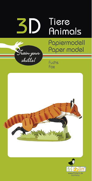 3D Paper Model of a fox created by fridolin, showcasing intricate details and vibrant colors. The kit is designed for DIY enthusiasts to enhance their crafting skills. The finished model features a playful pose of the fox, positioned on a grassy base, ideal for display or educational purposes.