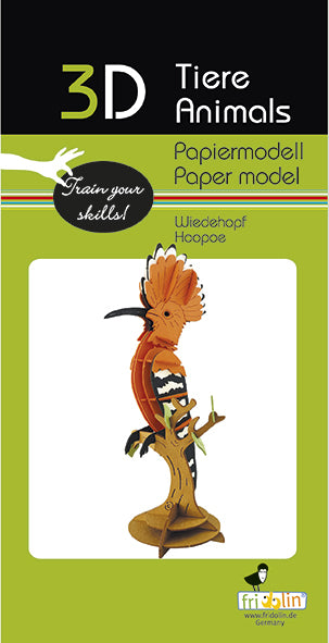 3D paper model of a hoopoe bird from fridolin, featuring intricate details and bright colors. The model showcases the bird perched on a branch, highlighting its distinctive crown and markings, perfect for DIY projects and educational purposes.
