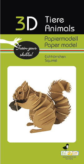 A 3D paper model of a squirrel made from layered brown cardboard. The model features intricate details in its fur and tail, and the squirrel is holding an acorn in its mouth. Ideal for DIY enthusiasts, this make kit showcases a realistic design and encourages creativity and fine motor skills.