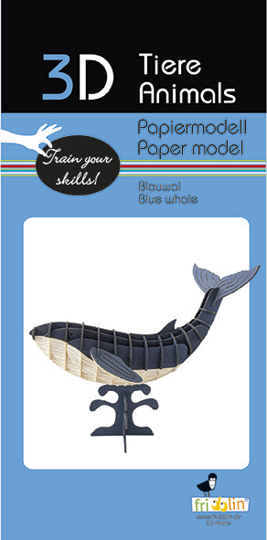 3D paper model of a blue whale by fridolin. The model features intricate cut-outs displaying the whale's body and fins, set against a vibrant packaging background. Ideal for DIY enthusiasts and nature lovers, this paper kit offers a fun and educational crafting experience.