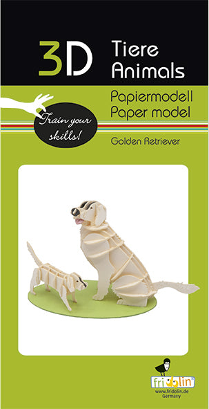 A 3D paper model kit featuring two playful Golden Retrievers, one adult and one puppy, designed by fridolin. The model showcases a creative assembly arrangement that encourages skill development. It is presented on a green base, making it an appealing DIY project for dog lovers and craft enthusiasts.