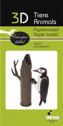 3D Paper Model Woodpecker DIY Kit by fridolin. Features a detailed woodpecker perched on a tree stump. Engaging design promotes creativity and skill development.