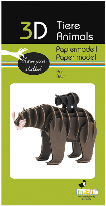 A 3D paper model kit featuring a bear and its cub crafted by fridolin. The packaging showcases the animals in a colorful design, emphasizing a DIY approach to building and learning skills.