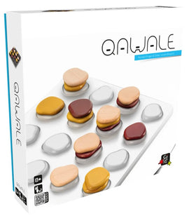 Qawale game by Gigamic featuring a unique board layout with colorful wooden pieces resembling stones. The game is designed for ages 8 and up and encourages strategic thinking and fun gameplay. The box displays the logo prominently, with a vibrant design and clear instructions for engaging play.