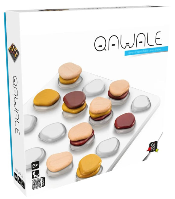 Qawale game by Gigamic featuring a unique board layout with colorful wooden pieces resembling stones. The game is designed for ages 8 and up and encourages strategic thinking and fun gameplay. The box displays the logo prominently, with a vibrant design and clear instructions for engaging play.