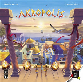 Akropolis game by Gigamic features vibrant artwork showcasing a beautiful coastal city with ancient architecture. Players are portrayed in the foreground, preparing to embark on a strategic adventure. The vivid colors and detailed scenery illustrate a world filled with exploration and strategy, perfect for family game nights and gatherings.