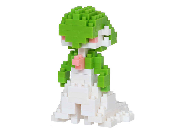 A detailed and colorful Nanoblock DIY kit featuring Gardevoir, a popular character from Pokémon. The figure is constructed with small, interlocking blocks, showcasing its signature green and white colors, alongside intricate details in the facial expression and shape.