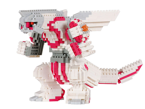 Nanoblock Palkia Deluxe DIY kit featuring a highly detailed, multi-colored build of the legendary Pokémon Palkia. The model showcases intricate design elements, including its signature features such as wings, a body adorned with colors transitioning from gray to pink, and defined facial features.