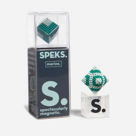 Speks Elements: Marine by SPEKS is a visually captivating fidget toy featuring a set of magnetic spheres in soothing ocean colors, displayed next to its transparent packaging. Perfect for stress relief and creativity, this item is designed for adults who enjoy hands-on engagement.