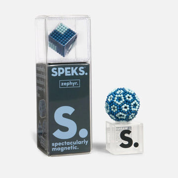 Speks Elements: Zephyr featuring a cube and a spherical shape made of colorful magnetic beads. The packaging highlights the product name and features the tagline 'spectacularly magnetic.' Ideal for stress relief and creativity.