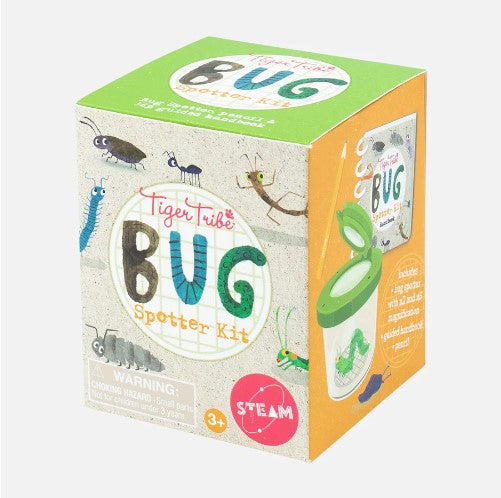 The Bug Spotter Kit by Tiger Tail is an engaging educational toy for children aged 3 and up. The box features colorful illustrations of various bugs, presenting a vibrant design that captures the essence of nature exploration. The kit is ideal for budding entomologists, encouraging outdoor observation and discovery of insects.