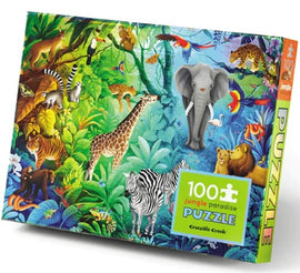 Jungle Paradise Holographic jigsaw puzzle by Crocodile Creek featuring vibrant wildlife imagery, including an elephant, giraffe, lion, zebra, and other jungle animals surrounded by lush greenery.