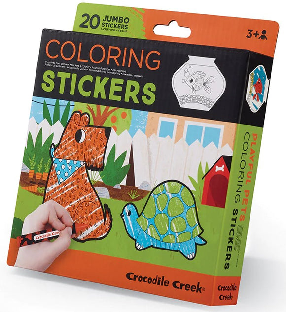 Coloring Stickers Playful Pets by Crocodile Creek. A vibrant kit containing 20 jumbo stickers featuring playful pets like a dog and a turtle. The product allows kids to color the stickers using crayons and enhance creativity. Ideal for children aged 3 and up, it encourages imaginative play and artistic expression.
