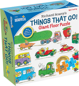 Box for Richard Scarry's 'Things That Go! Giant Floor Puzzle' featuring colorful illustrations of various vehicles including cars, trucks, and a train. The puzzle contains 26 giant pieces and measures 5 feet long, designed for children ages 3 and up.