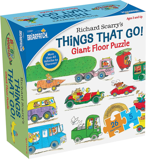 Box for Richard Scarry's 'Things That Go! Giant Floor Puzzle' featuring colorful illustrations of various vehicles including cars, trucks, and a train. The puzzle contains 26 giant pieces and measures 5 feet long, designed for children ages 3 and up.