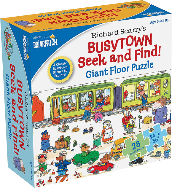Richard Scarry's Busytown Seek and Find floor puzzle featuring whimsical characters and scenes. Box showcases vibrant illustrations of animals and vehicles. Includes 28 giant pieces measuring 24x36 inches, designed for children ages 3 and up. The puzzle invites kids to explore and discover in an engaging and playful way.