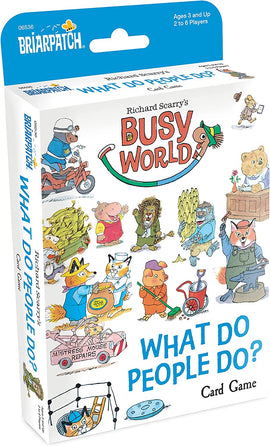 Packaging for the card game 'What Do People Do?' by Briarpatch Inc. The front features colorful illustrations of various anthropomorphic animals engaged in different occupations and activities, including a bear on a motorcycle, a lion with a basket, and a pig with a watering can. The title is prominently displayed in blue, with 'Richard Scarry's Busy World' above it. The game is suitable for ages 3 and up, for 2 to 6 players.