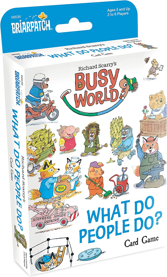 Packaging for the card game 'What Do People Do?' by Briarpatch Inc. The front features colorful illustrations of various anthropomorphic animals engaged in different occupations and activities, including a bear on a motorcycle, a lion with a basket, and a pig with a watering can. The title is prominently displayed in blue, with 'Richard Scarry's Busy World' above it. The game is suitable for ages 3 and up, for 2 to 6 players.