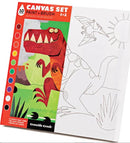 Crocodile Creek Canvas Art kit featuring a playful dinosaur design. The set includes a printed art canvas, 10 acrylic paint tubes, and two brushes, ideal for young artists aged 6 and up. The vibrant colors and engaging design encourage creativity and fun.
