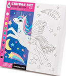 Crocodile Creek Canvas Art DIY kit featuring a whimsical unicorn illustration. The set includes 10 acrylic paint tubes and two paintbrushes, offering a fun artistic experience for kids aged 6 and up. The canvas showcases a partially colored unicorn with stars and a rainbow, ready to be painted.