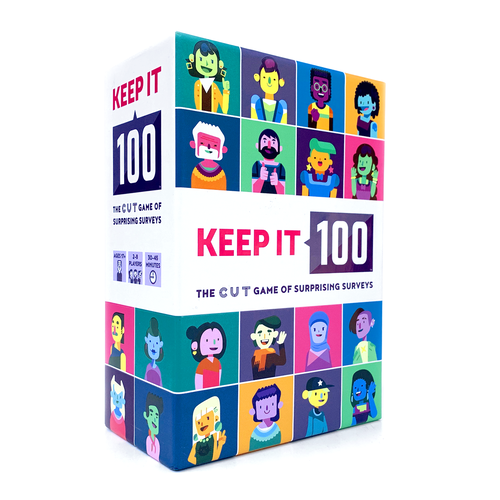 The game box for 'Keep It 100' by Cut Games, featuring vibrant illustrations of diverse characters and the title prominently displayed on the front. The box highlights the game's theme of surprising surveys, making it visually appealing for players looking for a fun game night option.
