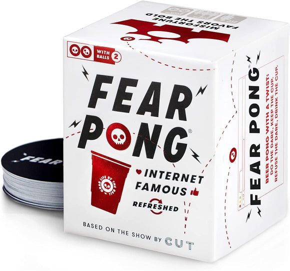 The Fear Pong Refreshed game by Cut Games, featuring a white box with bold black and red text. The design includes a graphic of a red cup and illustrations representing the game's dare elements, alongside two balls included with the purchase. The game's branding highlights its internet fame and the fun, daring nature of the gameplay.