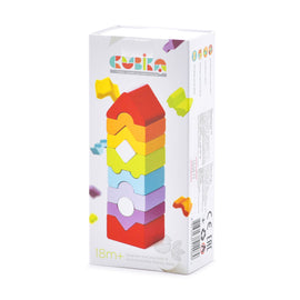 The Cubika Wooden Tower Blocks set features colorful interlocking pieces designed for children aged 18 months and older. The packaging showcases a vibrant tower made of environmentally friendly wood in various shapes and colors, encouraging creativity and fine motor skills development.