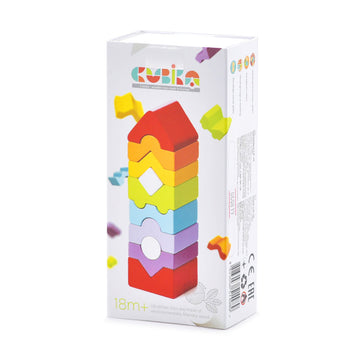 The Cubika Wooden Tower Blocks set features colorful interlocking pieces designed for children aged 18 months and older. The packaging showcases a vibrant tower made of environmentally friendly wood in various shapes and colors, encouraging creativity and fine motor skills development.