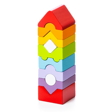 A colorful stack of Cubika wooden tower blocks, featuring various bright colors and unique shapes including a house, circles, and diamonds. Each block is crafted from natural wood, promoting creativity and fine motor skills in children.