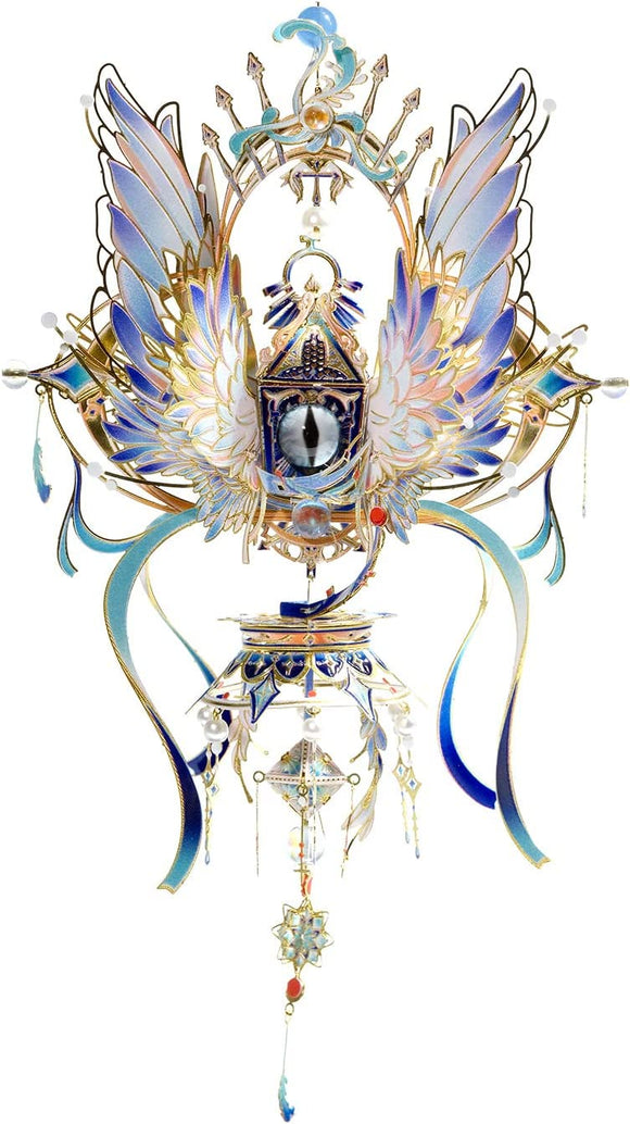 The Eye of Angel by Mu Model is a stunning DIY kit featuring intricately designed winged decorations with shimmering colors and elegant ribbons. Perfect for crafting enthusiasts and collectors, it embodies a celestial theme with a central eye motif and decorative elements hanging below.