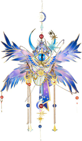 The Eye of Horus DIY kit by Mu Model, featuring a beautifully crafted design with vibrant blue and gold colors. The kit includes various hanging ornaments, including celestial symbols and decorative beads, perfect for creative enthusiasts looking to assemble a stunning piece that embodies ancient Egyptian mythology.