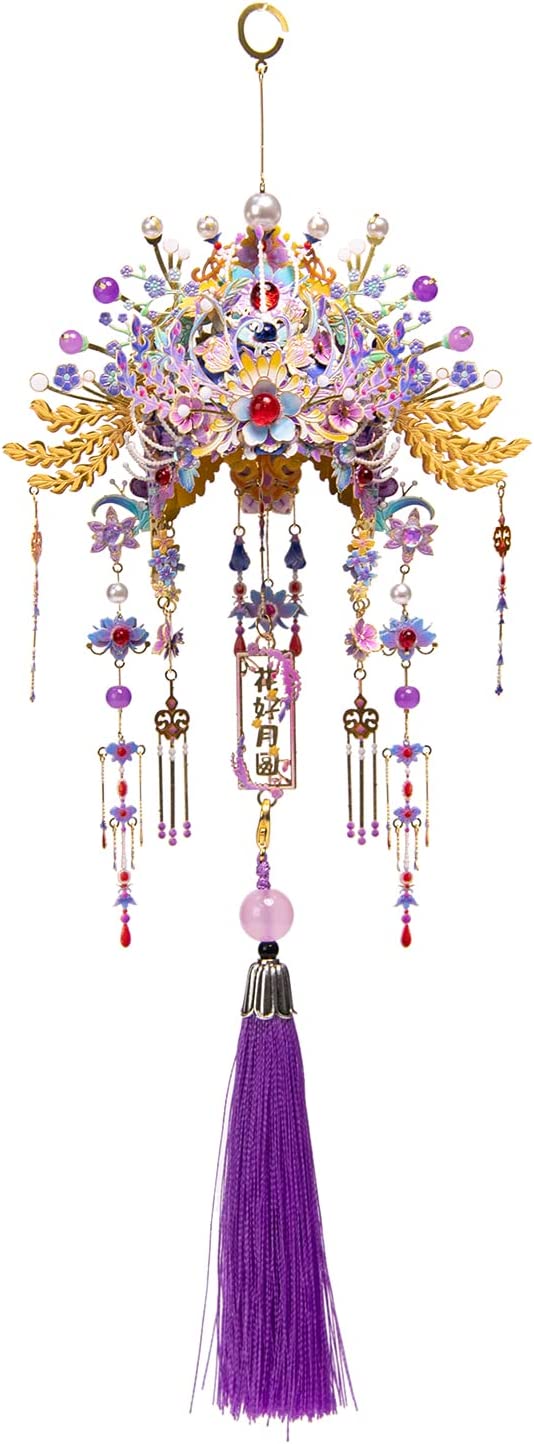 The Phoenix Coronet Yuezhuo is a stunning decorative piece featuring intricate floral patterns and a vibrant color palette of purples, reds, and golds. It includes dangling embellishments such as beads and tassels, giving it an elegant, traditional look. Perfect for home decor or as a unique gift, this handcrafted design embodies cultural artistry.