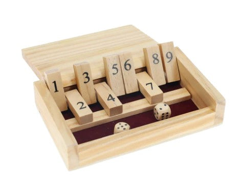 Mini Wood Shut The Box game by Wood Expressions featuring a wooden box with numbered blocks and two dice. The game combines fun and strategy, perfect for all ages.