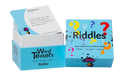 A box of Word Teasers Riddles featuring colorful question marks on the exterior. The top of the box displays the word 'Riddles' prominently, while a card peeks out, posing a riddle, 'I have wings and a tail and I fly through the skies. I'm not a bird or a bat. What am I?' Ideal for family fun, this game encourages talking, laughing, and learning.