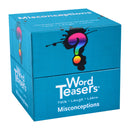 The Word Teasers Misconceptions box features a vibrant teal design with a colorful question mark and the product name prominently displayed. It includes conversation starters designed to provoke thought and laughter, suitable for family and friends.
