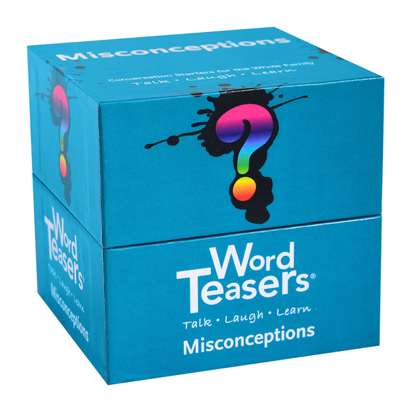 The Word Teasers Misconceptions box features a vibrant teal design with a colorful question mark and the product name prominently displayed. It includes conversation starters designed to provoke thought and laughter, suitable for family and friends.