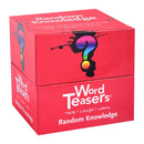 A vibrant red box of 'Word Teasers Random Knowledge' featuring a colorful question mark design. The front of the box displays the Word Teasers logo and enticing phrases like 'Talk, Laugh, Learn'. Ideal for igniting lively conversations and fun trivia sessions.