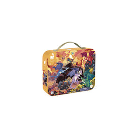 Fiery dragons jigsaw puzzle by Janod, featuring a colorful and whimsical illustration of various dragons in flight amidst a vibrant, fantastical landscape. The puzzle is designed for children aged 5 and older and comes in a sturdy, portable box with a handle.