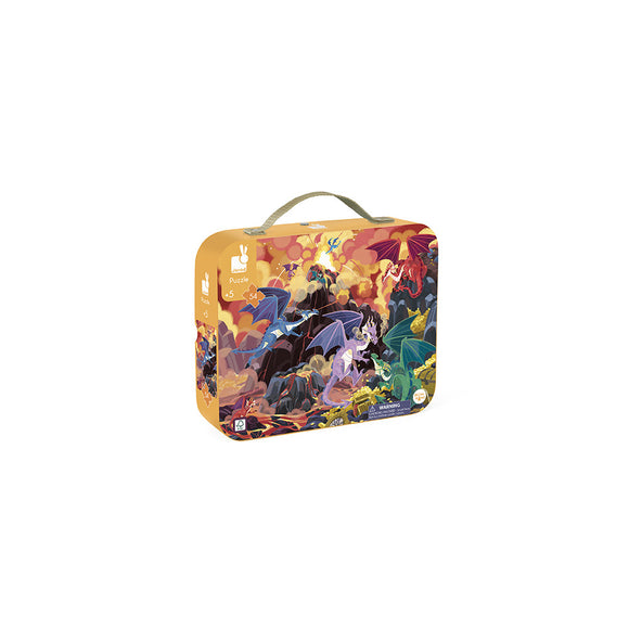Fiery dragons jigsaw puzzle by Janod, featuring a colorful and whimsical illustration of various dragons in flight amidst a vibrant, fantastical landscape. The puzzle is designed for children aged 5 and older and comes in a sturdy, portable box with a handle.
