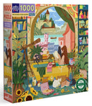 A colorful jigsaw puzzle titled 'Reading & Relaxing' by Eeboo, featuring a serene scene of a woman reading in a cozy room filled with books, plants, and sunlight. The background includes a beautiful landscape with a lake and distant mountains, creating a perfect atmosphere for relaxation and leisure. The puzzle consists of 1000 pieces and is made from recycled materials, promoting eco-friendliness.