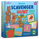 Eeboo's Indoor Scavenger Hunt Game package featuring a colorful box with playful illustrations of bears and a bunny searching for items. The title is prominently displayed alongside descriptions of the game's features, including 50 cards and instructions, designed for ages 3 and up. The design emphasizes fun, learning, and creativity for kids.