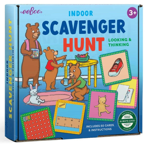 Eeboo's Indoor Scavenger Hunt Game package featuring a colorful box with playful illustrations of bears and a bunny searching for items. The title is prominently displayed alongside descriptions of the game's features, including 50 cards and instructions, designed for ages 3 and up. The design emphasizes fun, learning, and creativity for kids.