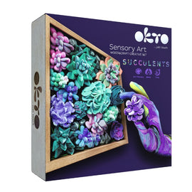 DIY Succulents Clay Kit by OKTO Clay featuring a vibrant assortment of colorful clay succulents arranged in a wooden frame. The kit promotes creativity and sensory art, ideal for relaxation and art therapy activities.